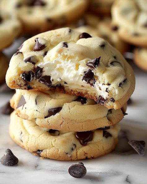 Chocolate Chip Cheesecake Cookies Choc Chip Cheesecake Cookies, Cookie Recipes Cheesecake, Chocolate Chip Cookies Cheesecake, Chocolate Chip Stuffed Cookies, Good Chocolate Chip Cookies Recipes, Gluten Free Cheesecake Cookies, Chocolate Chip Cookie Desserts, Cheesecake Chocolate Chip Cookies, Stuff Cookies Recipes