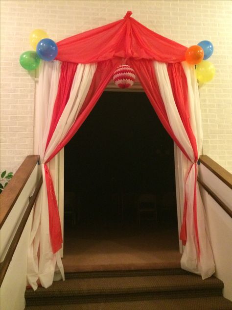 Tent Entrance we made for our circus themed preschool graduation! Tent Entrance, Decoration Ideas For School, Circus Classroom, Porta Halloween, Classroom Halloween, Creepy Carnival, Circus Carnival Party, Carnival Decorations, Circus Theme Party