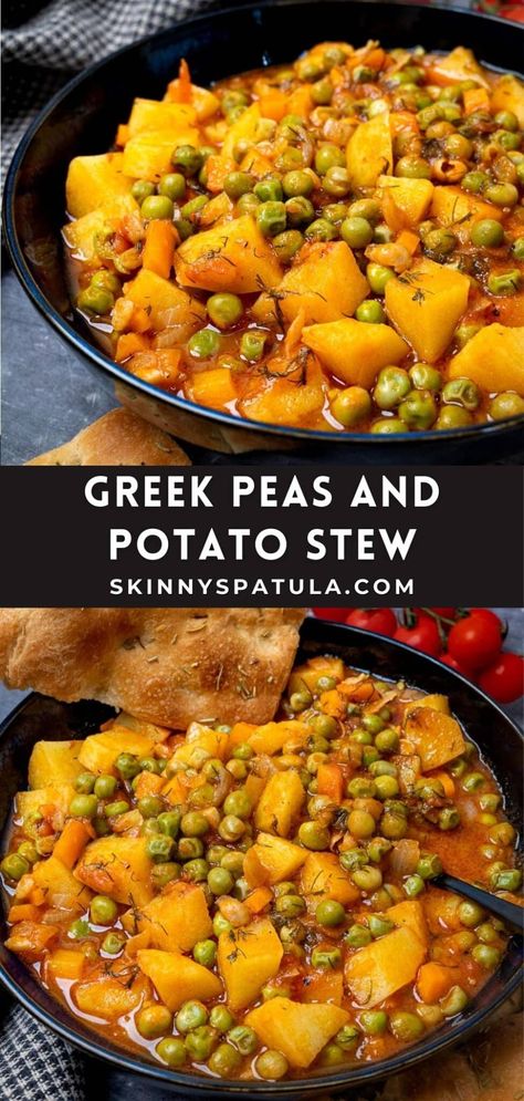 Potatoe Stew Vegan, Vegan Potato Stew Recipes, Potato Dinners Vegetarian, Vegetarian Potato Stew, Vegan Potato Stew, Stewed Vegetable Recipes, Greek Peas And Potatoes, Peas Potatoes Recipe, Peas Stew Recipe