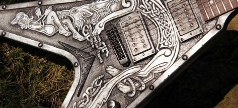 viking guitar - This series of incredibly beautiful Viking guitar designs is the work of Hutchinson Guitar Concepts. Classic Les Pauls and Explorers are converted ... Viking Guitar, V Guitar, Flying V Guitar, Semi Acoustic Guitar, Gibson Flying V, Norse Myth, Guitar Finishing, Custom Electric Guitars, Unique Guitars