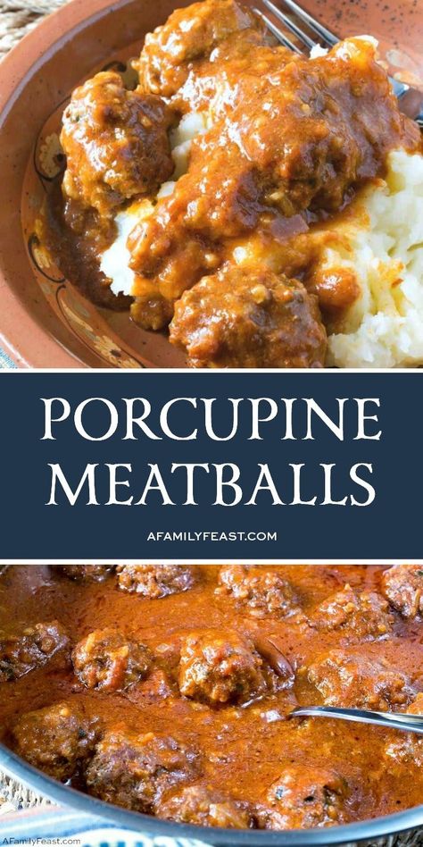 Porcupine Meatballs combine ground beef and rice into tender meatballs simmered in tomato sauce and served over mashed potatoes. Meatballs And Rice Recipe, Meatballs And Potatoes, Porcupine Meatballs Recipe, Spicy Meatball, Hamburger Meals, Ground Beef And Rice, Porcupine Meatballs, Easy Meatball, Tender Meatballs