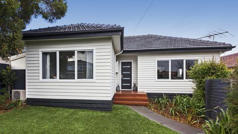 modern country weatherboard house renovation - Google Search 1950 House Exterior, 1930 House Exterior, Weatherboard House Exterior, White Weatherboard House, 1950s House Renovation, 1950 House, Weatherboard Exterior, Weatherboard House, 1950s House