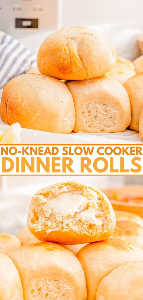 No-Knead Slow Cooker Dinner Rolls - Averie Cooks Crock Pot Rolls, Bread Recipes With Yeast, Dinner Roll Recipe, Rolls From Scratch, Recipes With Yeast, Sweet Bread Rolls, Best Thanksgiving Side Dishes, Averie Cooks, Dinner Roll