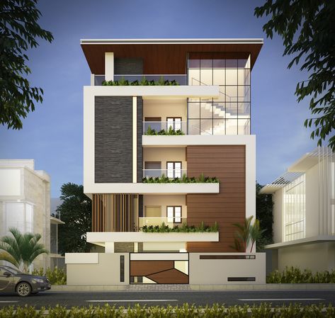 Exterior Visualization on Behance 3 Storey House Design, Home Designs Exterior, Narrow House Designs, Ultra Modern Homes, Small House Elevation, Facade Architecture Design, Small House Elevation Design, Modern Exterior House Designs, Duplex House Design