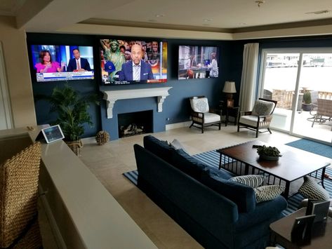 Three Tvs In Living Room, Double Tv Setup Living Room, 2 Tvs In Living Room, 3 Tvs On One Wall, Multiple Tv Wall Ideas Man Cave, Multiple Tvs On Wall, Two Tvs In One Room Ideas, Multiple Tv Wall Ideas, Tv Setup Living Room