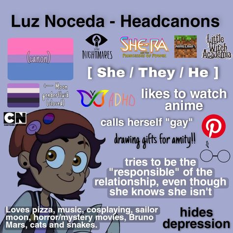 Luz Toh Headcanons, Luz Noceda Thanks To Them, Luz Noceda Kinnie Bingo, Lumity Headcanon, Owl House Headcanons Redesigns, Luz Noceda Headcanons, The Owl House Lumity Fanart, Luz Headcanons, Luz Noceda Aesthetic