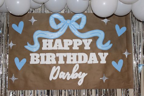 #bday #bows #21stbirthday #aesthetic #blue #coquette #party Sweet 16 Banner Painted, Grad Party Banner Ideas, Blue Coquette Birthday Party, Coquette Banner, Banner Painting, Grad Party Banner, Happy Birthday Banner Diy, 21st Birthday Banner, Coquette Party