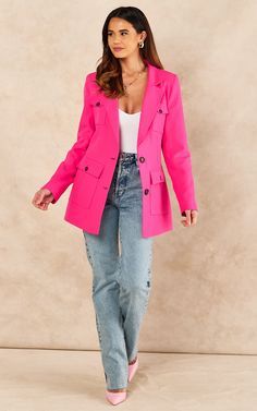 Long Blazer Outfit, Pink Jacket Outfit, Oversize Blazer, Hot Pink Blazers, Blazer Outfits Casual, Blazer Outfits For Women, Leggings Shorts, Peak Lapel, Long Blazer