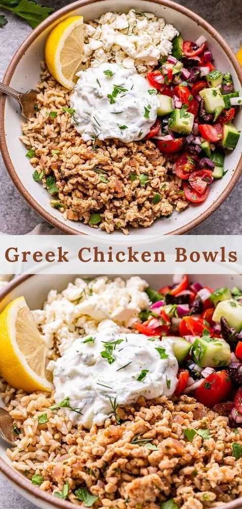 Lemon Dill Rice, Greek Bowls, Greek Chicken Bowls, Dill Rice, Chicken Cucumber, Chicken Greek, Bowls Healthy, Rice Healthy, Mediterranean Diet Recipes Dinners