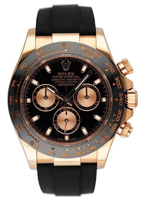 Rolex Daytona 116515LN Black Dial 18K Rose Gold Mens Watch Box Papers TOP BRANDS Rolex Audemars Piguet Omega Patek Philippe Cartier Breitling All Rolex Daytona 116515LN Mens Watch. 40mm 18K rose gold case. Ceramic black bezel with tachymetric scale. Black dial with luminous hands and index hour marker. Three black sub-dials. Small seconds hand at 6 o'clock. 30-minute counter at 3 o'clock. 12-hour counter at 9 o'clock. Minute maker on the outer dial. Black rubber Oysterflex strap with fold over clasp with safety. Will fit up to 7-Inch wrist. Sapphire crystal. 18K rose gold case back. Automatic self-winding movement. This watch comes with original Box and Papers.    This watch is backed by our two year warranty. Phigora Guarantee Two Years Warranty Free Shipping & Returns Specifications SKU Black Rolex, Black And Gold Watch, Mens Rose Gold Watch, Mens Watch Box, Stylish Watches Men, Rolex Watches For Men, Luxury Watch Brands, Mens Fashion Watches, Expensive Watches