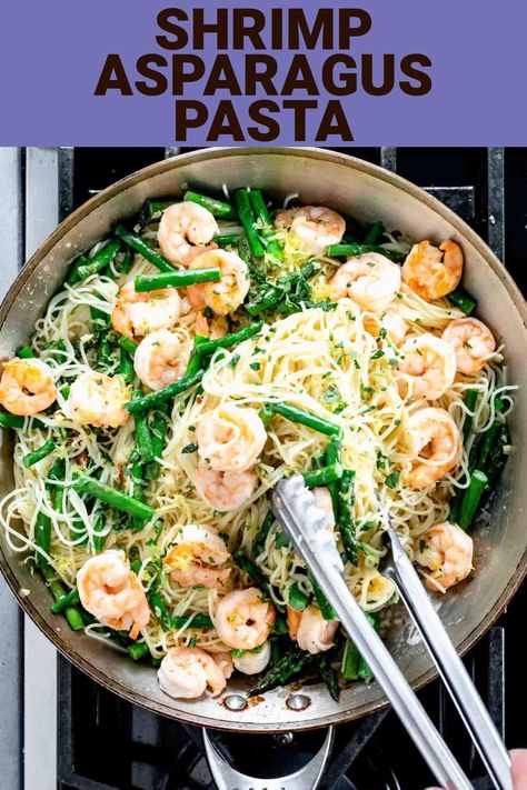 I have the most perfect springtime entree made with Angel Hair Pasta, juicy shrimp, and fresh asparagus. This Shrimp and Asparagus Pasta comes together in a quick lemon cream sauce with fresh herbs for a weeknight meal that’s ready in just a half-hour! Shrimp And Asparagus Pasta, Pasta With Lemon Cream Sauce, Shrimp Asparagus Pasta, Lemon Cream Sauce Pasta, Crisp Asparagus, Dinner Party Entrees, Asparagus Pasta Recipes, Asparagus Pizza, Shrimp Asparagus