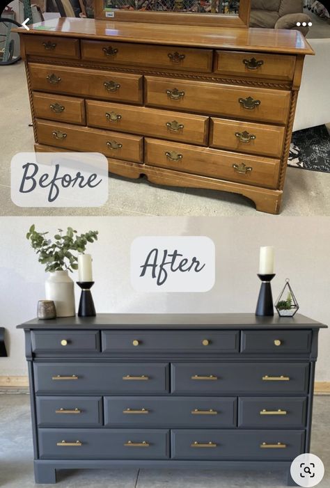 Redoing Old Dressers Ideas, Re Finished Dresser, Renovating Dressers Ideas, Remodel Furniture Diy Dressers, Makeover Dresser Diy, Diy Long Dresser Makeover, Paint Ideas For Dressers Wood, Redoing Old Dressers Wood Furniture, Big Dresser Makeover