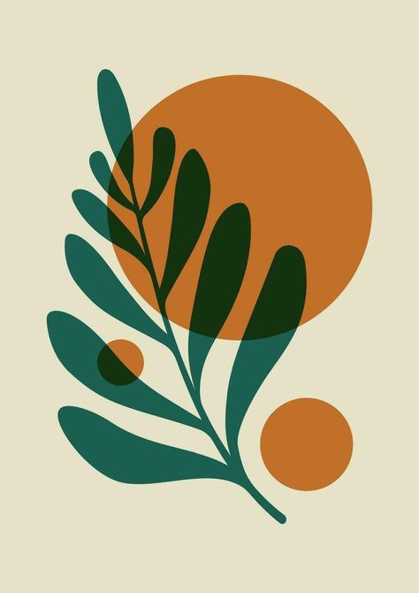 Aesthetic poster in pastel color with leaf and circles. Green silhouette of plant. Green Silhouette, Minimal Illustration, Leaf Illustration, Plant Vector, Aesthetic Poster, Handmade Inspiration, Vector Sketch, Leaves Vector, Plant Illustration