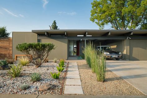 This Early Sixties Eichler Gets a New Lease on Life - Mid Century Home Mid Century Modern Front Yard, Eichler Exterior, Mid Century Landscaping, Mid Century Modern House Exterior, Mid Century Landscape, Modern Driveway, Mid Century Modern Exterior, Mid Century Exterior, Victoria House