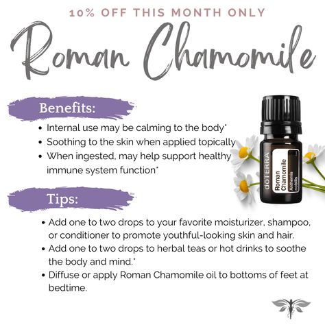 Did you know ancient Roman soldiers used Roman Chamomile for courage during times of war? Who couldn’t use a little boost in the bravery department every once in a while? Roman Chamomile is especially great for it’s soothing and calming properties. Please enjoy Roman Chamomile for: Aiding mood in times of stress and shock Assisting dry, irritated, or aging skin Supporting rested sleep Helping ease lower back discomfort Deep Sleep 😴 Diffuser Blend 💧 3 drops Lavender 💧 2 drops Roman Chamomile Roman Chamomile Essential Oil Blends, Roman Chamomile Doterra, Sleep Diffuser Blend, Roman Chamomile Essential Oil, Doterra Essential Oils Recipes, Essential Oils Herbs, Chamomile Oil, Roman Chamomile, Chamomile Essential Oil