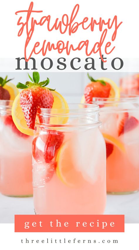 Strawberry Lemonade Pink Moscato Punch is a refreshing and bubbly cocktail perfect for brunch or on a hot afternoon! This pink lemonade moscato punch is a super easy recipe that is great for making in big batches! Bridal Shower Batch Cocktails, Bridal Shower Spiked Punch, Brunch Alcoholic Beverages, Pink Big Batch Cocktails, Pink Lemonade Punch Non Alcoholic, Easy Spiked Punch, Kentucky Derby Punch Recipes, Mother’s Day Batch Cocktail, Pink Party Punch Alcohol