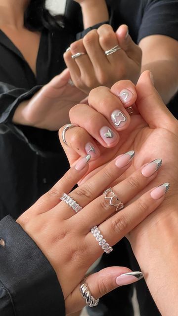 Match Couple Nails, Matching Valentine Couple Nails, Chrome Matching Nails, His And Her Nail Ideas, Masc Valentine Nails, Hers And Hers Nails, Men’s Valentines Nails, Matching Chrome Nails, Bf Gf Nail Ideas