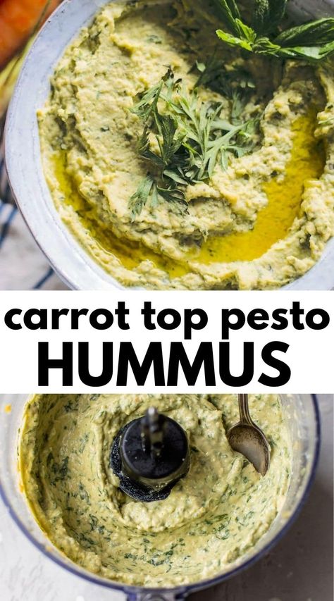 This Carrot Top Pesto Hummus is the best of both worlds: a delicious combination of pesto and hummus. Plus, it's a great way to use up the entire carrot! Carrot Top Pesto, Vegan Budget, Pesto Hummus, Vegan Apps, Creamy Hummus, Hummus Ingredients, Eating Schedule, Healthy Appetizer Recipes, Dinner Recipes Healthy