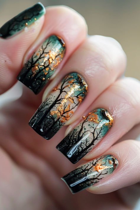 Enchanted Forest Nail Design Ideas For October Forest Nail Ideas, Fall Sage Nails, Twilight Nails Ideas, Spooky Tree Nails, Twilight Aesthetic Nails, Fall Tree Nail Designs, Forest Themed Nails, Enchanted Forest Nail Designs, Forest Fairy Nails