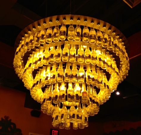 Chandelier made from Corona beer bottles Burrito Bar, Upcycled Lighting, Bottle Chandelier, Beer Club, Unique Facts, Liquor Bottle Crafts, Glassware Crafts, Beer Caps, Glass Bottle Crafts