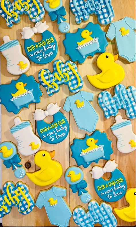 Duck Baby Shower Theme, Duck Cookies, Ducky Baby Showers, Ducky Baby Shower, Rubber Ducky Baby Shower, Baby Shower Duck, Baby Cookies, Cookies Decorated, Baby Shower Cookies