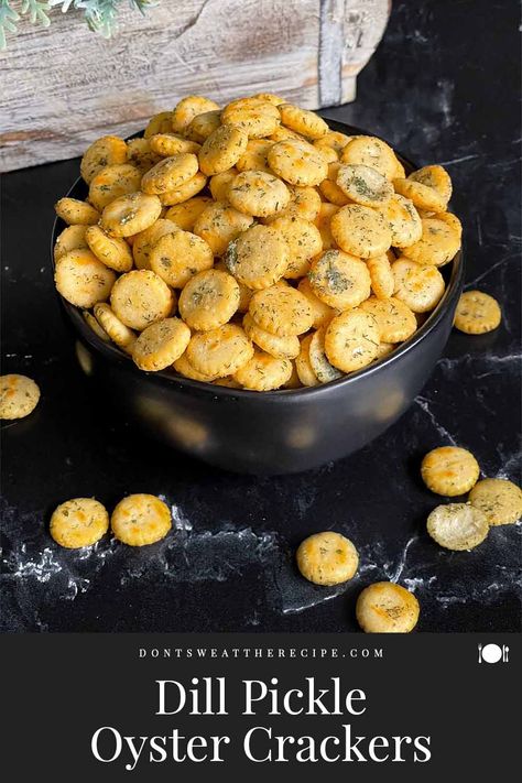 These dill oyster crackers are a poppable addictive snack! Bold seasonings, oyster crackers, and a plastic bag are all you need to make this recipe. Taco Oyster Crackers Recipe, Dill Oyster Crackers Recipe, Dill Crackers Recipe, Dill Oyster Crackers, Seasoned Crackers Recipe, Oyster Cracker Snack, Salad Croutons, Oyster Cracker, Savory Crackers