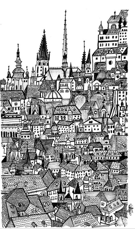 Drawings Of Cities, Mini City Drawing, City Doodle Art, Old City Drawing, Prague Illustration, Building Doodle, City Line Drawing, City Doodle, City Drawings