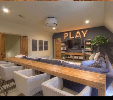 Small Theatre Room Ideas, Bonus Room Design, Living Room Home Theater, Kids Basement Ideas, Teen Lounge, Hangout Room, Basement Remodel Diy, Basement Playroom, Modern Basement