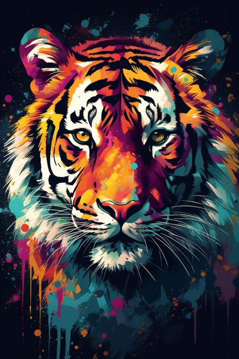 This mesmerizing artwork depicts a striking tiger, showcasing its fierce and beautiful nature, created with a vibrant palette of electric blue and other bold colors. Being a part of the Felidae family and a dominant carnivore, the tiger is an emblem of grace and power. The painting captures the minute intricacies of its whiskers, snout, and fur, truly highlighting the magnificence of this terrestrial mammal. #GiveMeMood #SiberianTiger #BengalTiger #Tiger #Felidae #Carnivore #Organism Tiger Painting Abstract, Colorful Animal Paintings, Animal Paintings Acrylic, Watercolor Tiger, Tiger Artwork, Tiger Drawing, Tiger Painting, Animal Illustration Art, Tiger Pictures