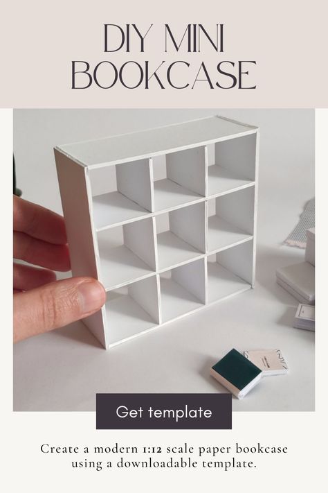 Craft a modern miniature bookcase in 1:12 scale with paper and cardstock. Free template is included. 1:12 Scale Bookcase Diy, Diy Modern Barbie House, Cardboard Dollhouse Furniture Diy, Miniature Doll House Diy Free Printables, 1 12 Scale Dollhouse Plans, Free Miniature Printables 1:12 Books, Mini Shelf Diy, Dollhouse 1:12 Diy, Miniature Furniture Template