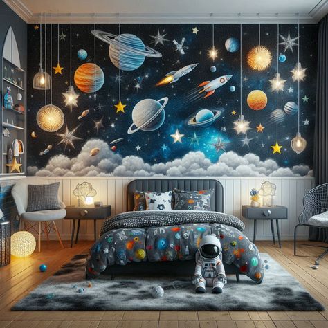 #beds #bedroom #rooms #space #kids #wallpaper #viva Space Bedroom Wallpaper, Kids Room Space Theme Walmart, Galaxy Wallpaper Kids Room, Kids Room Space Theme Wallpaper, Outer Space Bedroom, Outer Space Wallpaper, Space Mural Kids Room Bed Bath & Beyond, Space Kids, Boys Room Design