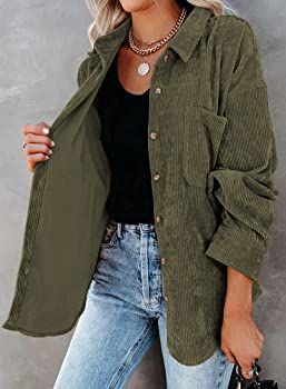 wkwmrpet Womens Corduroy Button Down Shirts Boyfriend Long Sleeve Oversized Jacket Tops Army Green : Amazon.ca: Clothing, Shoes & Accessories Dark Green Long Sleeve Shirt Outfit, Corduroy Blouse, Green Outfits, Green Corduroy, Pocket Shirt, Crop Top Blouse, Work Attire, Shirt Sale, Oversized Shirt