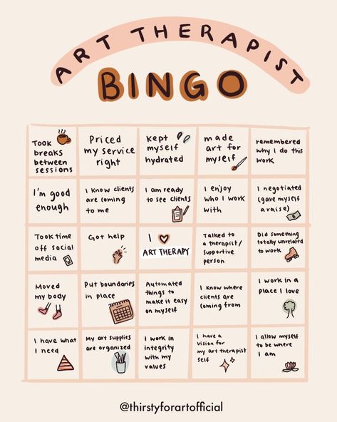 Art Therapy Group Activities, Art Bingo, Self Care Art Activity, Therapist Instagram Ideas, Art Therapist Aesthetic, Self Care Group Therapy, Self Love Bingo, Bujo Self Care Bingo, Self Care Bingo