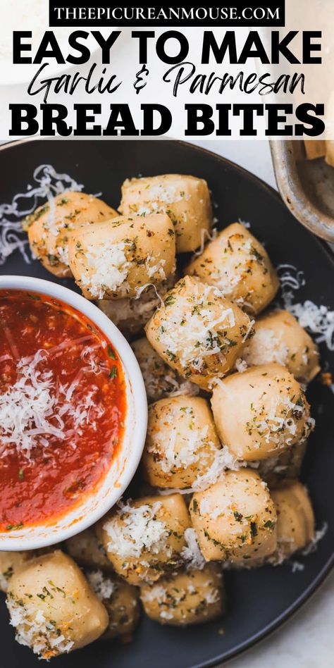 These easy garlic Parmesan Bread Bites are the perfect appetizer and finger food for your next party. They are made with store bought pizza dough and brushed with a delicious homemade garlic herb butter and topped with parmesan cheese. Easy Bread Appetizers For A Party, Garlic Parm Bites, Garlic Parmesan Bread Bites, Garlic Parmesan Biscuit Bites, Garlic Cheese Bites, Garlic Parmesan Rolls, Garlic Parmesan Cheeseburger Bites, Garlic Parmesan Bites, Parmesan Appetizer