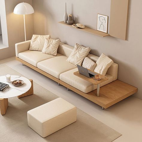 Sofa Japandi Style, Japandi Sofa Living Room, Misc Organization, Minimal Couch, Interior Japandi, Bed With Desk Underneath, Japandi Sofa, Git Gud, Sofa Table Design