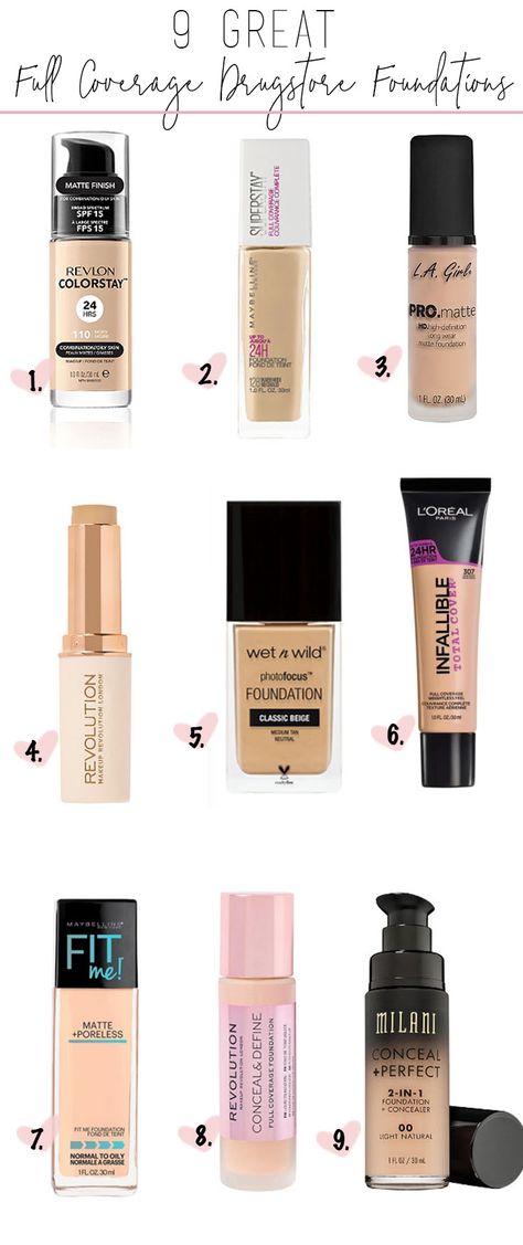 9 Great Full-Coverage Drugstore Foundations | Stephanie Pernas Best Cheap Foundation Full Coverage, Best Affordable Foundation, Best Drugstore Foundation Full Coverage, Good Drugstore Foundation, Best Cheap Foundation, Best Coverage Foundation, Makeup Revolution Foundation, Revolution Foundation, Full Coverage Drugstore Foundation