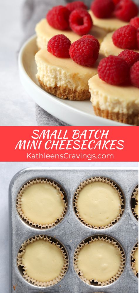 Small Baked Cheesecake Recipe, Cheesecake Recipes Mini Easy, Small Batch Cheesecake Cupcakes, Mini Individual Cheesecakes, Small Individual Cheesecakes, Personal Size Cheesecake, Easy Individual Cheesecakes, No Bake Cheesecake Muffin Tin, Cupcake Size Cheesecake Recipes