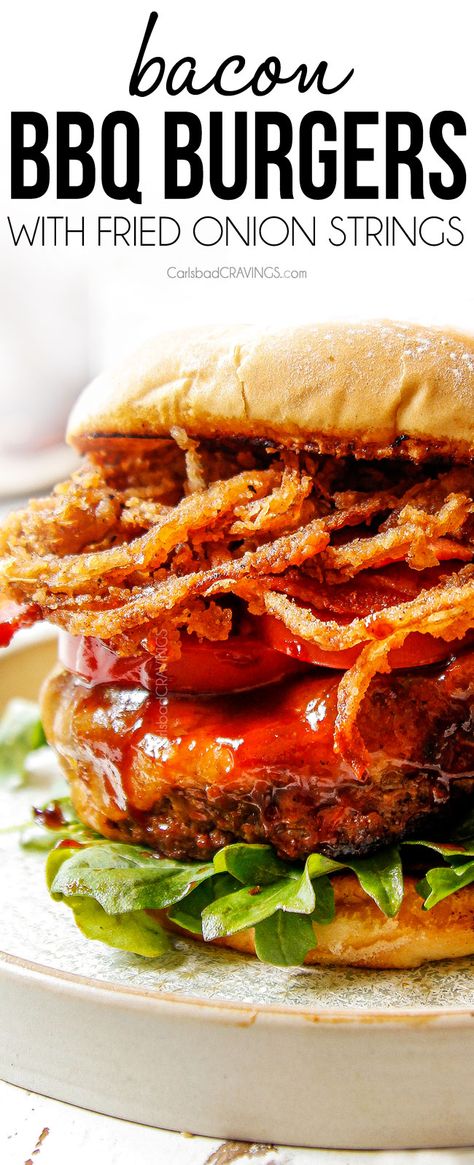 Fried Onion Strings, Bbq Burger Recipes, Onion Strings, Backyard Grill, Carlsbad Cravings, Bbq Burgers, Bbq Bacon, Bacon Burger, Grilled Burgers