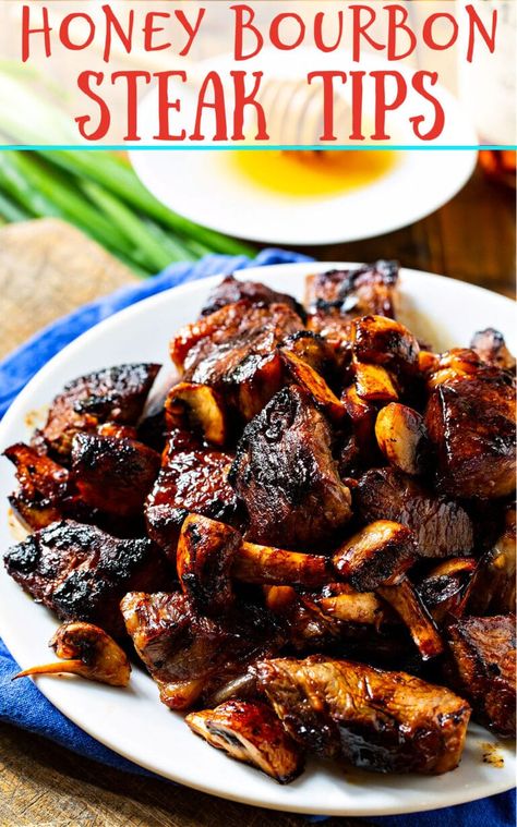 Honey Bourbon Steak Tips with mushrooms. Honey Bourbon Steak Marinade, Bourbon Beef Tips, Ways To Cook Steak, Bourbon Steak, Bourbon Chicken Recipe, Steak Dinners, Steak Bites Recipe, Honey Bourbon, Beef Steak Recipes