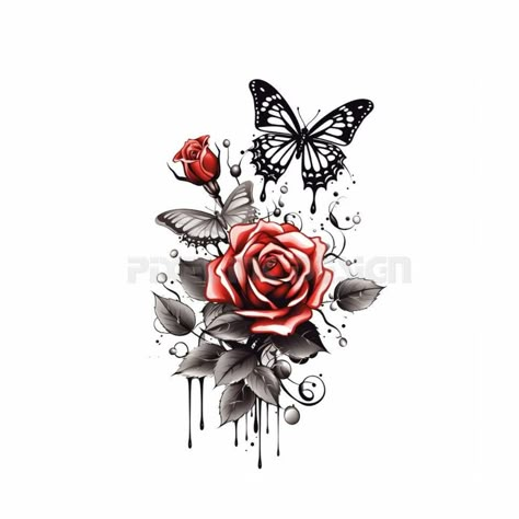 Rose With Scroll Tattoo, Rose With Butterfly Tattoo For Women, Rose And Butterfly Tattoo Design, Tattoo White Background, Roses With Butterflies, Rose And Butterfly Tattoo, Butterflies Tattoo, Tattoo White, Rose Drawing Tattoo