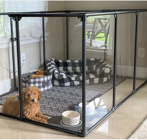 Cute Kennel Ideas, Luxury Dog Bedroom, Dog Playpen Indoor Ideas, Dog Pen Ideas Indoor, Puppy Room Ideas Spaces, Room Ideas For Dogs, Puppy Room Ideas, Dog Setup In Bedroom, Dog Play Area Indoor