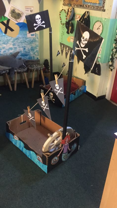 Boat Eyfs Activities, Pirate Role Play Area, Pirates Eyfs Activities, Pirate Dramatic Play Preschool, Pirate Boat Craft, Pirate Eyfs Activities, Pirates Activities Preschool, Boats Eyfs, Pirate Dramatic Play