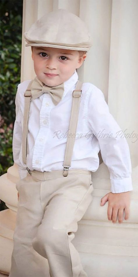 Cute and sophisticated country suspenders and bowtie complete this ring bearer's look. Scroll to number 8 on the page. Dresses Flowers, Ring Bearer Flower Girl, Bearer Outfit, Bowtie And Suspenders, Ring Bearer Outfit, Fashion Boy, Suspenders Set, Gatsby Party, Gatsby Wedding