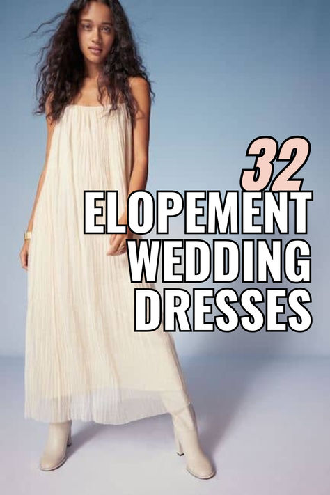 "Planning an intimate and adventurous elopement? 💕 This board showcases 32 of the best elopement wedding dress ideas to make your special day unforgettable. From lightweight boho gowns perfect for a mountain top to sleek and simple dresses ideal for a city hall ‘I do,’ find the perfect fit for your unique celebration. Embrace elegance with ease! 💍🌄 #ElopementDress #WeddingInspo" Second Marriage Wedding Dress Not White, Champagne Wedding Gown Simple, Wedding Dresses For Small Weddings, Out Of The Box Wedding Dress, Wedding Dresses For 2nd Marriage Simple, Wedding Dress You Can Wear Again, Wedding Dress For Tomboy Brides, Plain And Simple Wedding Dresses, Alternative To A Wedding Dress