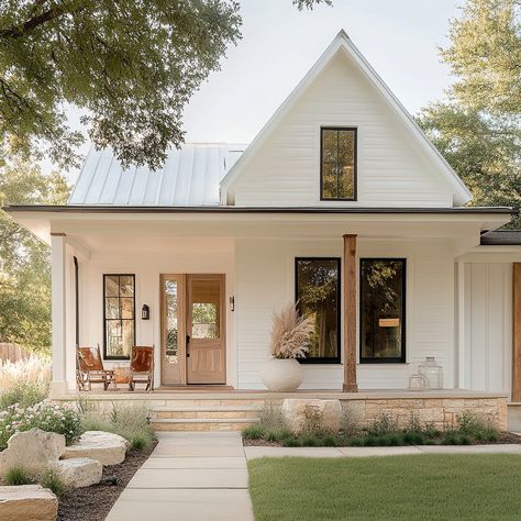 Small Country House Exterior, White Exterior White Windows, Farmhouse Ranch Style Homes Exterior, White And Wood Farmhouse Exterior, White House With Cedar Shutters, White Wood House Exterior, White Siding Black Roof, Farmhouse Aesthetic Exterior, Cream Farmhouse Exterior