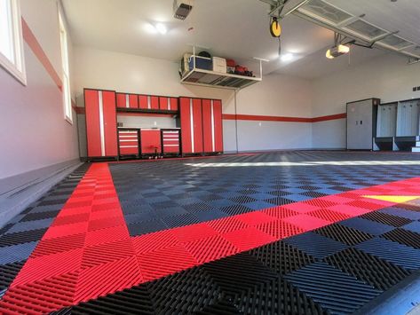 Charles' garage is awesome! He installed the RaceDeck FreeFlow tiles. #GarageFlooring #HomeImprovement #BestGaragesOf2021 Racedeck Garage Flooring, Garage Floor Tiles Design, Detail Garage, Ribbed Tile, Garage Flooring Options, Plastic Floor Mat, Garage Transformation, Detailing Car, Floor Tiles Design