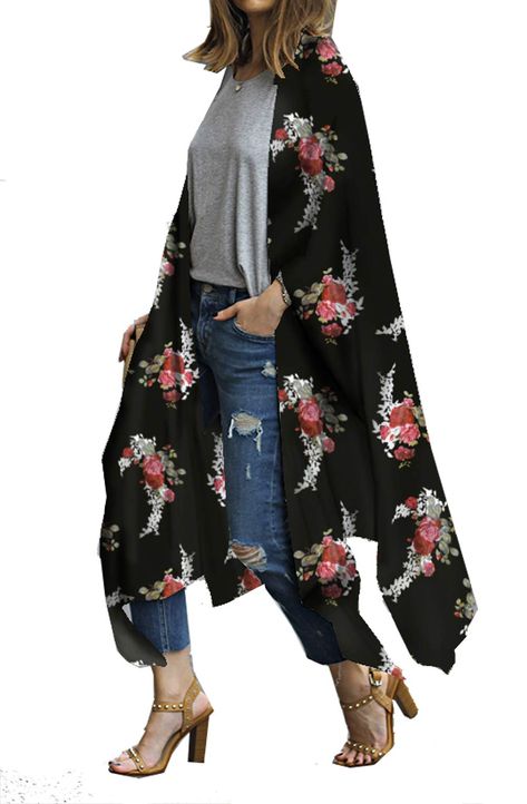 Tela, Ceremonial Clothing, Top Kimono, Black Floral Kimono, Floral Kimono Cardigan, Black Chiffon Blouse, Boho Plus Size, Chiffon Cardigan, Chiffon Tops Blouses