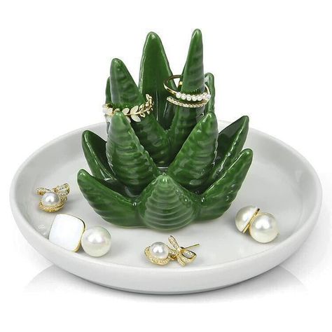 PRICES MAY VARY. Great Gifts:A great gift for engagment,wedding,anniversary,Valentines,birthday,or friends to whom love Succulent Plants. Size:Measures approximately 5.11"L x 5.11"W x 4.1"H Quality:Crafted from great quality glazed ceramic,Well packed with styrofoam and white box,not easy broken. Space-Saving and Convenient:Store rings on its leaf of aloe or necklace,earring,hand chain, bracelets, and small jewelry in the dish.Leave it by the sink or kitchen to collect your rings as you wash you Cactus Ring, Cactus Ceramic, Green Decoration, Cactus Jewelry, Succulent Jewelry, Jewelry Trays, Ceramic Succulent, Ceramic Color, White Dishes