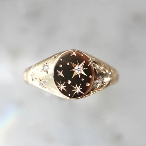 Star Engraved Rings & Jewelry ✨ - Gem Breakfast Custom Engraved Ring, Redesigned Heirloom Jewelry, Unique Signet Ring, Star Signet Ring, Signet Engagement Ring, Signet Engagement Rings, Orion Star, Jewelry Engraving, Engraving Jewelry