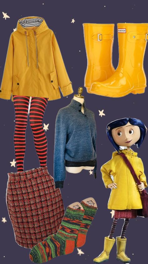 Coraline Outfit 2 #corlaine #fitinspo Coraline Halloween Costume Ideas, Coraline Costume Aesthetic, Coraline Costume Ideas, Coraline Yellow Raincoat, Coraline Outfit Ideas, Halloween Costumes Coraline, Coraline Outfit Aesthetic, Coraline Aesthetic Outfit, Coraline Fashion